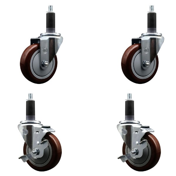 Service Caster 4'' Maroon Poly Wheel Swivel 1-1/8'' Expanding Stem Caster Set 2 Brakes, 4PK SCC-EX20S414-PPUB-MRN-2-TLB-2-118 - main